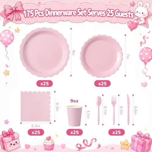 175 Pcs Pink Paper Plates and Napkins Party Supplies, Serves 25 - Image 2