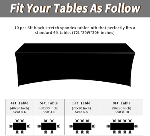 Fixwal 10 Pack 6FT Black Tablecloth Rectangle Spandex Fitted Table Cover - Image 3