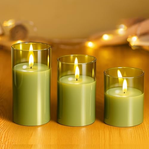 Tyawon Glass Battery Operated LED Flameless Candles with Remote and Timer, Real Wax Candles Warm Color Flickering Light for Festival Wedding Home Party Decor(Pack of 3)-Green - Image 6