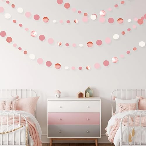 Rose Gold Party Decorations Dusty Pink Circle Dots Garland Blush Pink Hanging Paper Polka Dot Streamer for Birthday Wedding Bridal Shower Bachelorette Engagement Anniversary Party Supplies - Image 6