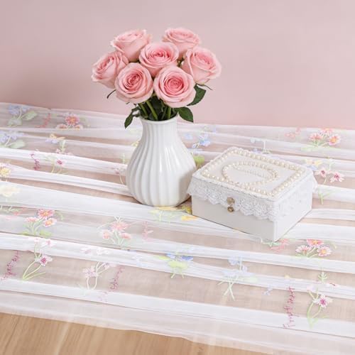 BINBE 3pcs Ivory Florals Table Runner Embroidery Gauze 10FT Daisy Seasonal Tulle Birthday Wedding Holiday Kitchen Dining Table Decor for Home Party - Image 4