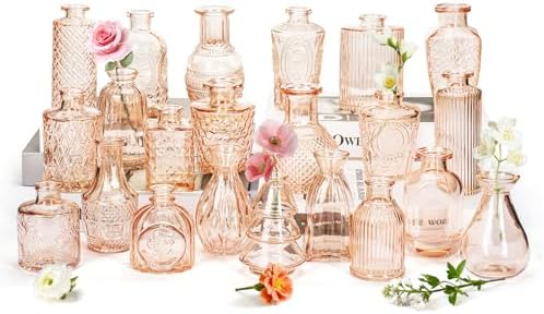 Clear Amber Gold Glass Bud Vase Set of 22 Pcs,Small Bud Vases in Bulk,Glass Crystal Flower Vases Table Centerpieces for Party Event Wedding Decor Baby Shower Decorations (Amber Gold, 22 Pcs) by JXINDUJU