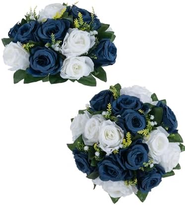 BLOSMON Navy Blue Rose Flowers: 2 Pcs Fake Floral Balls Centerpiece for Wedding Table Centerpieces - Artificial Silk Kissing Bouquet Flower Arrangement for Home Party Event Decor by Blosmon