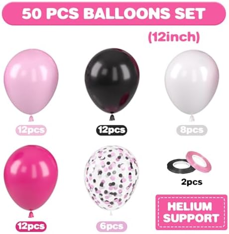 Pink Black Balloons, 50 Pcs Hot Pink for Girls Women Birthday Party Decor - Image 2