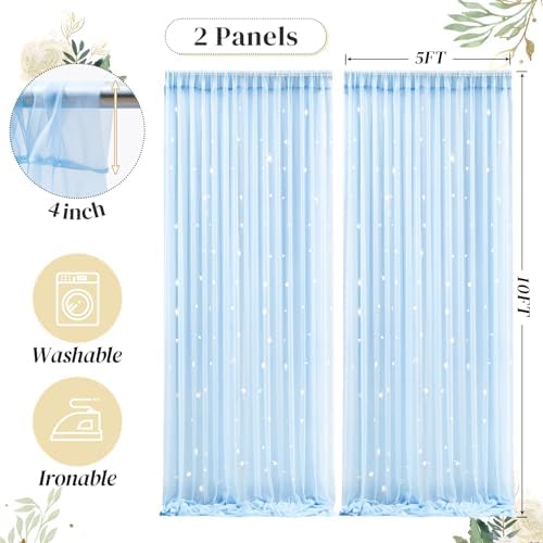 10ft x 10ft Blue Backdrop Curtain with Lights String for Parties, Sheer Tulle Wedding Photo Backdrops Drapes for Baby Shower Birthday Party Decorations Background for Photography - Image 5
