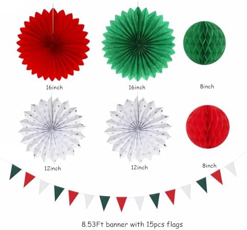 Red Green-White Christmas Party Decorations - 20pcs Mexican Italian Paper Lanterns Fans,Tissue Pom Poms,Honeycomb Balls,Bunting,Birthday Mexico Italy Baby Shower Wedding Decor Burgleda - Image 2