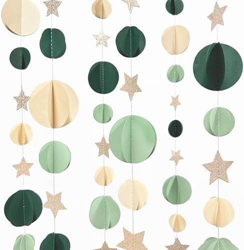 Champagne Gold Sage Green Beige 3D Polka Dot Star Hanging Streamer Circle Dot Star Garland Banner for Neutral Birthday Wedding Engagement Safari Jungle Woodland Party Decorations Supplies - Image 6