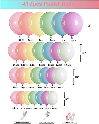 412pcs Pastel Balloon Garland Arch Kit 18 12 10 5 Inch Different Sizes Macaron Assorted Colors Balloon Latex Colorful Balloons for Baby Shower Girls Birthday Wedding Easter Rainbow Party Decoration - Image 2