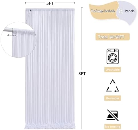 40 ft x 8 ft White Backdrop Curtain Drapes for Wedding Parties, 8 Panels 5 ft x 8 ft Wrinkle Free Polyester Photo Backdrop Drapes for Birthday Party Baby Shower Backdrop Stand - Image 5