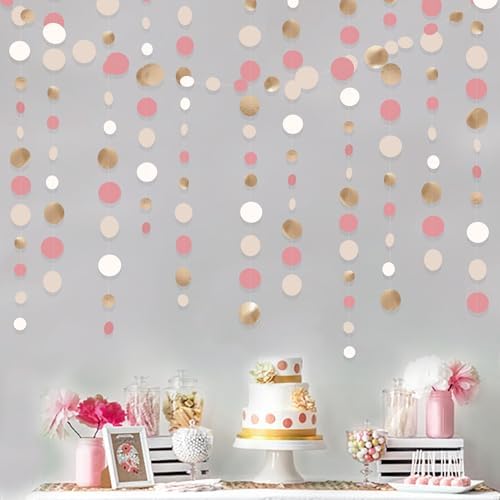 Champagne Gold Dusty Pink Decorations Circle Dots Garland Gold Pink Nude Neutral Cream White Boho Hanging Polka Dot Streamer for Bridal Shower Birthday Wedding Engagement Party Supplies - Image 6