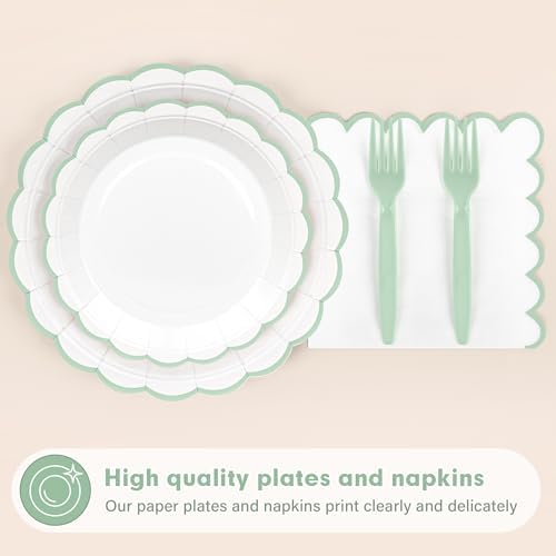 96 Pcs Sage Green and White Paper Plates and Napkins Set Include 9'' White Dinner Plates with Sage Green Scalloped Rim, 7'' Dessert Plates, Napkins & Forks for Baby Shower Wedding Birthday - Image 3