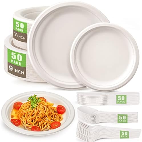 Gezond 250Pcs Disposable Paper Plates Compostable Plates and Utensils by Gezond%C2%AE
