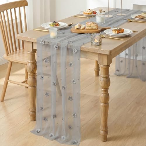 Artoid Mode Gray Flower Pearl Gray Gauze Table Runner 10FT, Seasonal Sheer Dining Holiday Wedding Birthday Baby Shower Table Decor for Home Party - Image 3