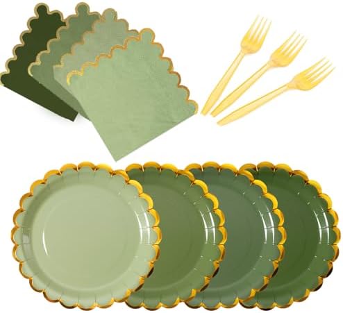 Green mix scalloped party plates with napkins and fork gold foil border, 24 Guest disposable Tableware Set Sage Green Party Decoration for Birthday Coquette Bridal Baby Shower Valentines by Leapig
