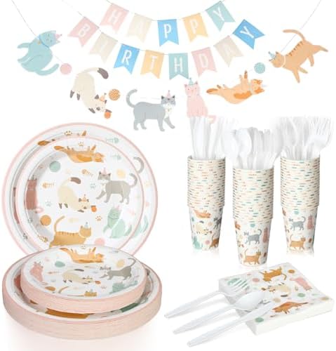Qinyoung 176 Pcs Cat Birthday Party Supplies Disposable Tableware Set Serves 25 Cute Kitten Themed Paper Plates Napkins Cups Cutlery with Banner for Birthday Decorations by Qinyoung