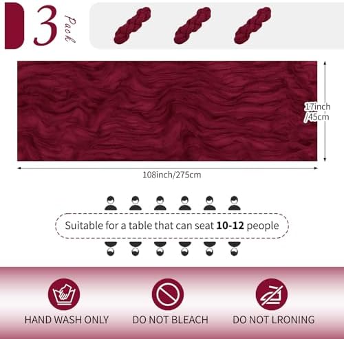 3 Pack Burgundy Cheesecloth Table Runner 17x108 Inch Semi Sheer Boho Gauze Cheese Cloth Fabric Table Runners Table Decor for Wedding Party Baby Shower Birthday Home Decor Garden Farmhouse - Image 2