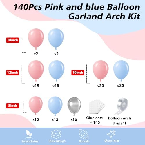 140Pcs Gender Reveal Balloon Garland Arch Kit - Pink and Blue Balloons Silver Latex Balloon for Boy or Girl Gender Reveal Decorations Birthday Party Baby Shower Celebration Anniversary (No Box) - Image 2