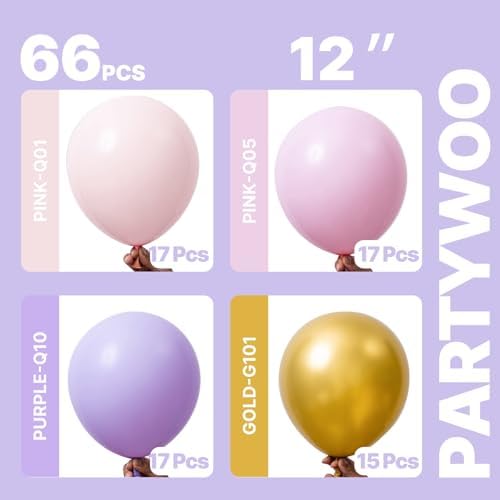 PartyWoo Pink Purple and Gold Balloons 66pcs 12 Inch Pink Purple Balloons - Image 2