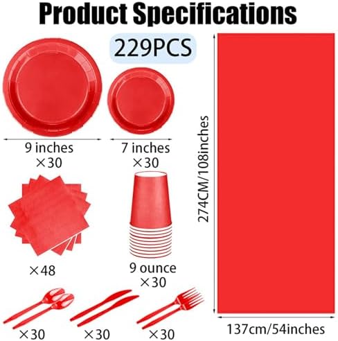 229PCS Red Party Supplies Set Disposable Paper Plates Cups - Image 2