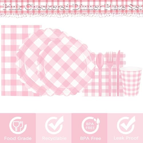 WNINK 176 PCS Light Pink Gingham Plates and Napkins, Pink Checkered Disposable Plates Set with Napkins Cups Plastic Spoons Forks Knives for Dinner Birthday Baby Shower Wedding Supplies Serve 25 Guests - Image 3