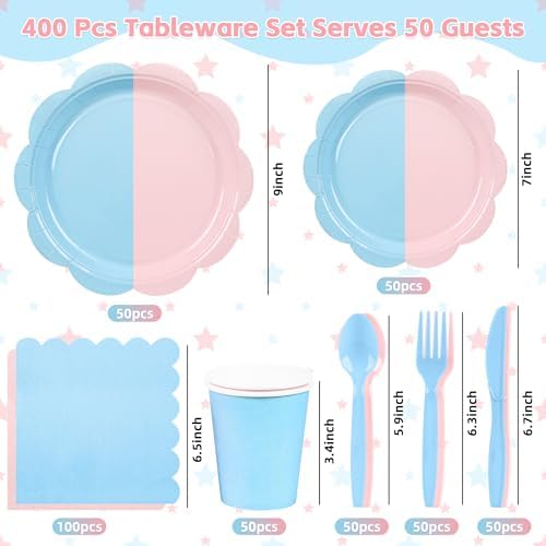 400 Pcs Baby Gender Reveal Plates and Napkins, Pink Blue Party Tableware - Image 2