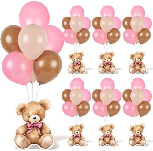 6 Sets Bear Baby Shower Balloon Stand Kit for Table Girl Baby Shower with Balloon Ornament for Pink Bear Theme Gender Reveal Birthday Party Table Decoration Supplies by Unknown