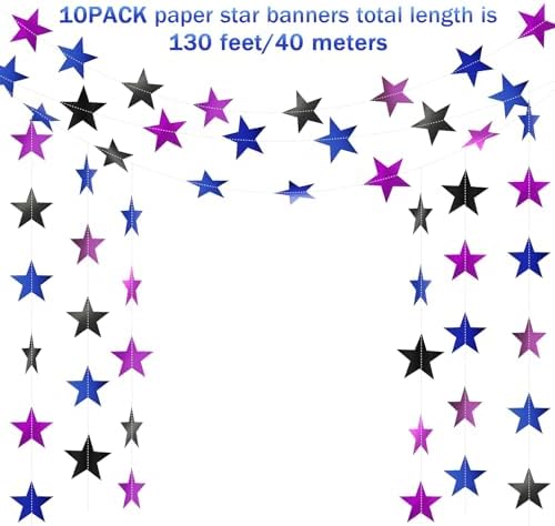 Patelai Blue Black Purple Glitter Star Garland Banner Decor, 130 Feet Bright Star Hanging Bunting Banner Backdrop for 2025 New Year Decor Graduation Wedding Birthday Christmas Party - Image 2