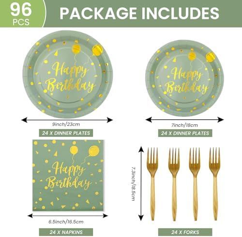 96PCS Happy Birthday Plates and Napkins Party Supplies, Sage Green and Gold Disposable Paper Plates and Napkins with Forks Tableware Set for Birthday Party Decorations 24 Guests (Birthday Sage Green) - Image 2