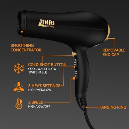Hair Dryer - JINRI 2000W Diffuser Blow Dryer for Salon & Personal Use – Powerful, Fast Drying with Diffuser & Nozzle for Women & Men, ALCI Safety Plug, Black - Image 5