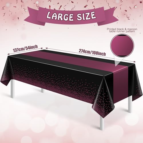 6Pcs Black and Maroon Purple Tablecloth Party Decorations,Plastic Black Table Cloth Printed Maroon Purple Table Runner Disposable Rectangle Table Cover for Birthday Wedding Graduation Party,54x108Inch - Image 2