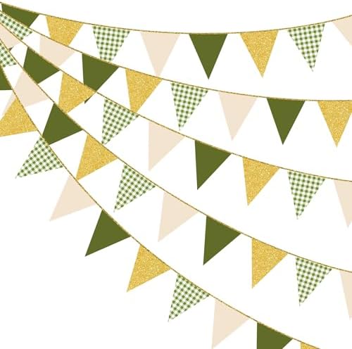 Sage Green Gold Buffalo Plaid Pennant Banner Flag Olive Green Gold Hanging Glitter Paper Triangle Bunting for Birthday Wedding Shower Safari Jungle Woodland Neutral Party Decorations Supplies by pinkblume