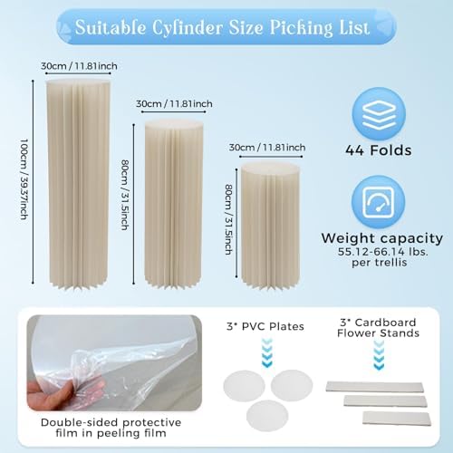Cylinder Stands for Party,Set of 3, Foldable Cardboard Centerpiece Display,,White Cylinder Stands for Party, Reusable Wedding Decorations, Pedestal Stands for Parties. 3-Size Set - 55-66LBS Load-Bearing Folding Hexagon Displays, Wedding or Birthday Eve... - Image 3