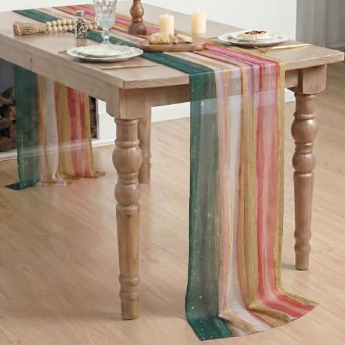 Artoid Mode Boho Green Red Stripes Christmas Chiffon Table Runner 120 Inches 10FT,Seasonal Fabric Kitchen Dining Holiday Table Decor for Home Party - Image 6