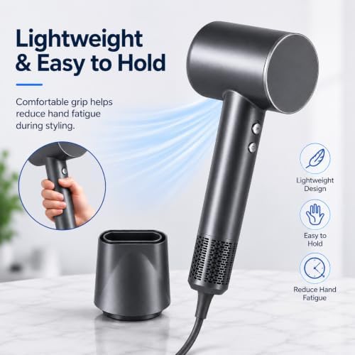 High Speed Hair Dryer Professional Ionic Blow Dryer 150000RPM Brushless Motor 1600W Fast Drying Negative Ionic Hair Dryer Lightweight Blow Dryer Quiet with Magnetic Nozzle for Women Grey - Image 7