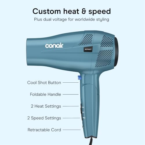 Conair Travel Hair Dryer, Dual Voltage, Folding Handle, 1875W, Blue - Image 4