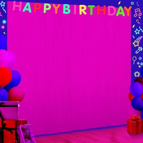 6 Pack 3.3Ft x 6.6Ft Hot Pink Glow in The Dark Foil Fringe Curtain Backdrop Party Supplies, Fluorescent Macaron Metallic Tinsel Foil Streamers Curtain Photo Booth for Neon Birthday Party Decorations by Zachely