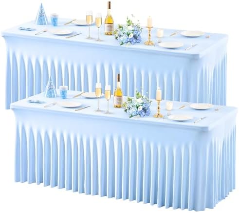 Wish Care 2 Pack Baby Blue Spandex Table Clothes for 6 Foot Rectangle Tables, 6FT Wrinkle Free Fitted Tablecloths Ruffles Design Table Cover for Party, Banquet, Wedding and Events by WishCare