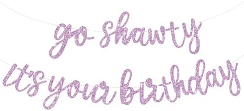 BEISHIDA Light Purple Go Shawty It's Your Birthday Banner - NO DIY - Hip Hop Theme Glitter Happy Birthday Banner - Pre-Strung - Light Purple Rap Theme Happy Birthday Sign for Man Women birthday Party by Beishida