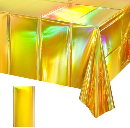 1 Pack Gold Iridescent Plastic Tablecloths Shiny Disposable Laser Rectangle Table Covers Holographic Foil Tablecloth Iridescent Party Decorations Birthday Bridal Wedding Christmas, 54 x 108 Inch by EnjoyYourFunnyParties