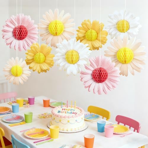 SUNBEAUTY Daisy Flower Hanging Decoration 9Pcs Pink and Yellow Daisy Honeycomb Paper Flower Decorations for Spring Summer Wall Birthday Wedding Classroom Backdrop Garden Tea Party Decor - Image 6