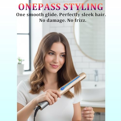 NITION Ceramic Tourmaline Hair Straighteners LCD Flat Iron MCH 10s Fast Heating Up. 1" Smooth 3D Floating Plate Healthy Straightening Tools. Heat-Proof Glove. Dual Voltage Travel. Champagne Gold - Image 5