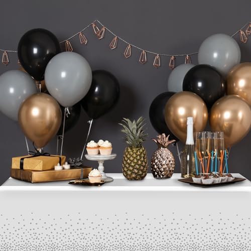 MASHAN 12Pcs White Silver Tablecloth Party Decorations,Plastic White Table Cloth Printed Silver Runner Disposable Rectangle Table Cover for Birthday Wedding Anniversary Graduation Party,54 x108 Inch - Image 6