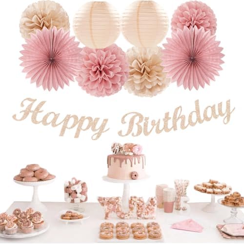 Blush-Pink Champagne Beige Happy-Birthday Party-Decorations - 31pcs 15th Women Girls Paper Lanterns Streamers Banner,Rose Gold Tissue Flowers Pom Poms Fans Tassels Graland Decor Supplies Hugmoon - Image 5