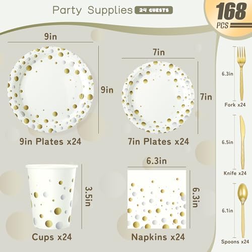 White and Gold Dots Party Plates,168PCS Birthday Tableware Party Supplies - Image 2