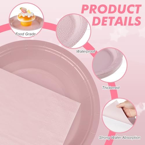 Zhehao 120 Pcs Disposable Paper Dessert Plates and Napkins Set, 7 Inch Party Cake Appetizer Plate with Napkin for Birthday Baby Shower Wedding Easter(Dusty Pink) - Image 4