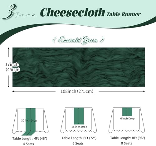 3 Pack Emerald Green Cheesecloth Table Runner, 17 x 108 inch, Semi Sheer Boho Cheese Cloth Fabric Table Runner Bulk for Wedding, Birthday, Party, Holiday, Home Decor (Emerald Green) - Image 3