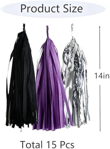 We Moment Black,Purple and Silver Tassel Garland，Tissue Tassel Banner for Purple Black and Silver Birthday Party Decorations,Pack of 15 - Image 2