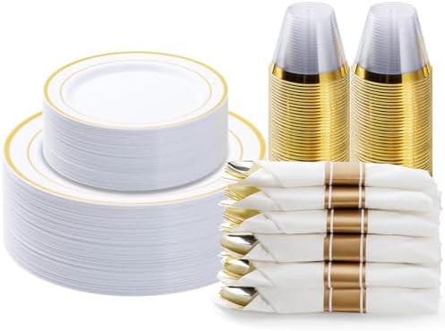 BESTVIP 175 Piece Gold Plastic Dinnerware Set for 25 Guests by Bestvip