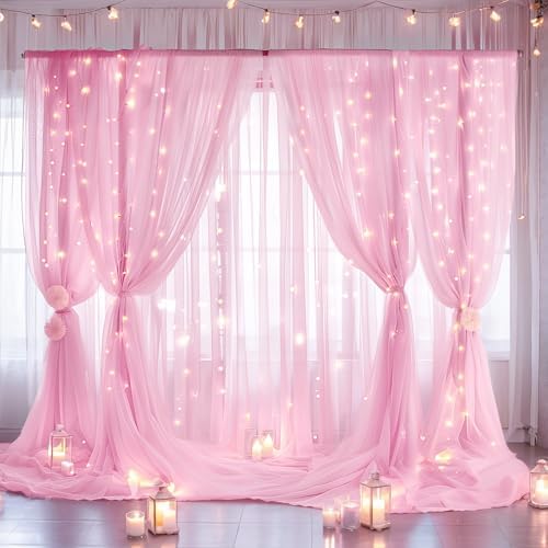 30ft x 10ft Pink Backdrop Curtain with Lights String for Parties, Sheer Tulle Wedding Photo Backdrops Drapes for Baby Shower Birthday Party Decorations Background for Photography by Shillance