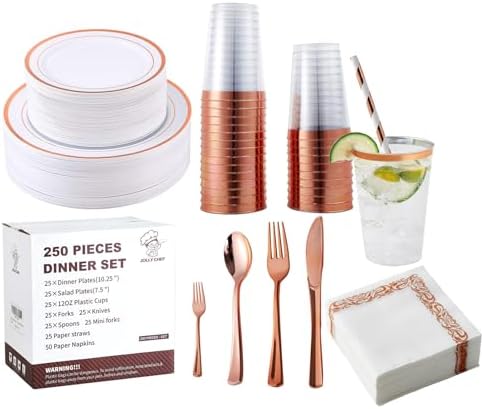 250 PCS Plastic Plates Set With Rose Gold Rim Cutlery set for 25 Guests by JOLLYCHEF